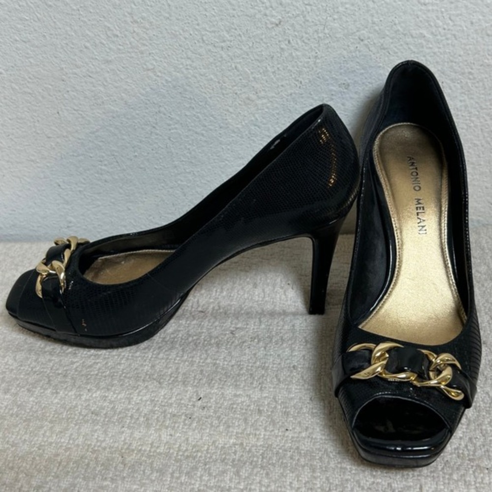Antonio‎ Melani Black Snake Embossed Peep Toe Chain Heels Size 7M High Pumps